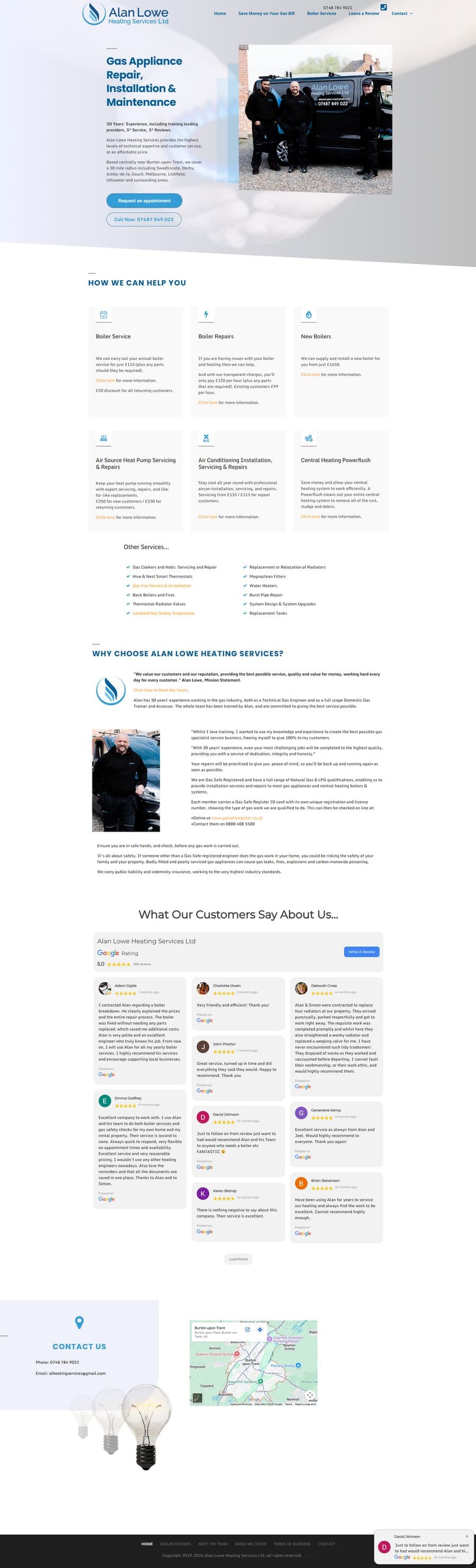 Alan Lowe Heating Services website, shown in full