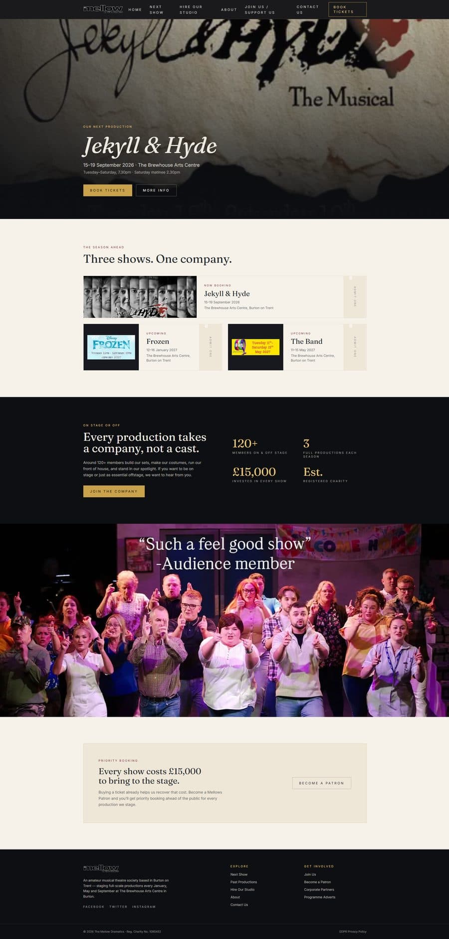The Mellow Dramatics' new website, shown in full — a bold production hero, a clean season line-up, and a strong closing call to action
