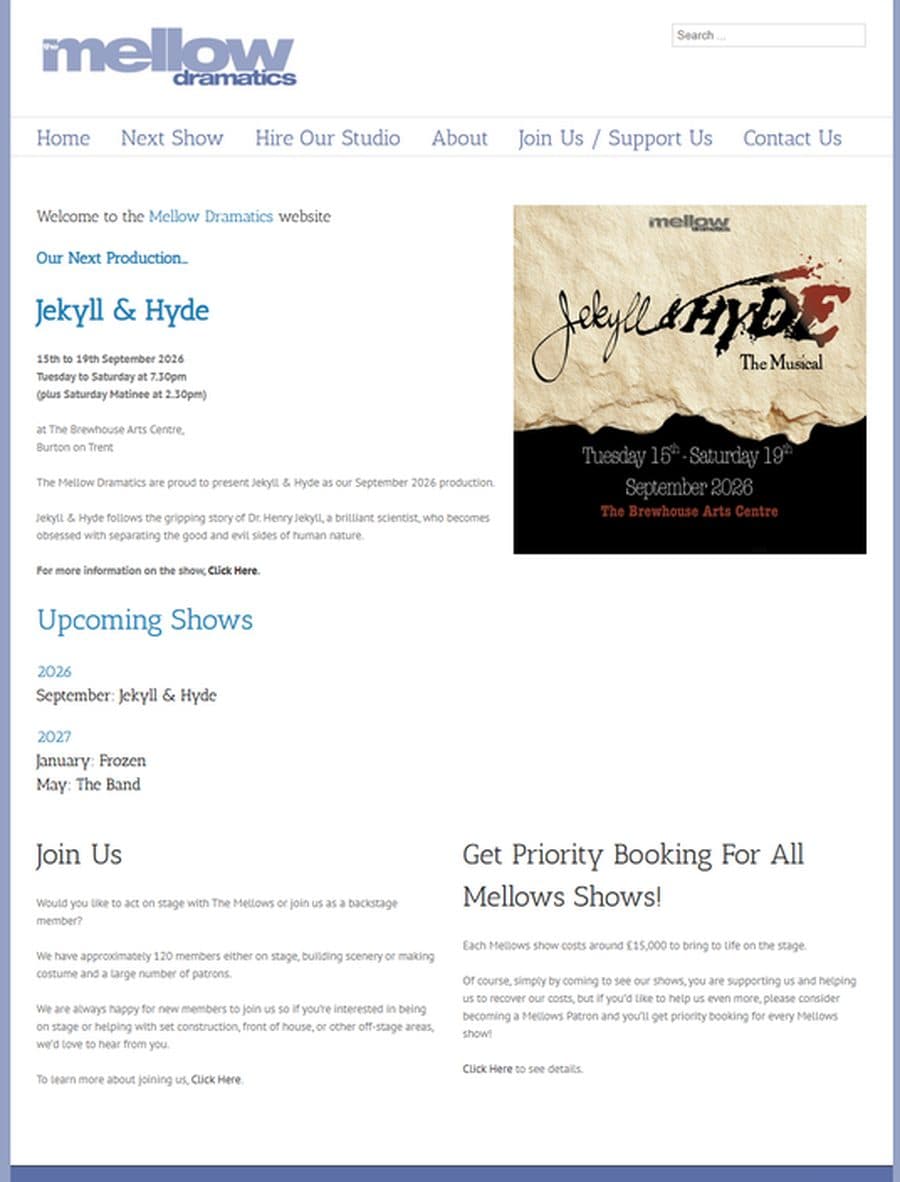 The Mellow Dramatics' old website, shown in full — a dated WordPress layout with plain text and a small sidebar image
