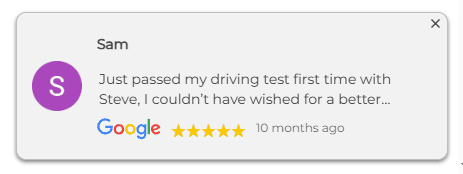 A small rotating review widget in the corner of a website, showing one 5-star Google review