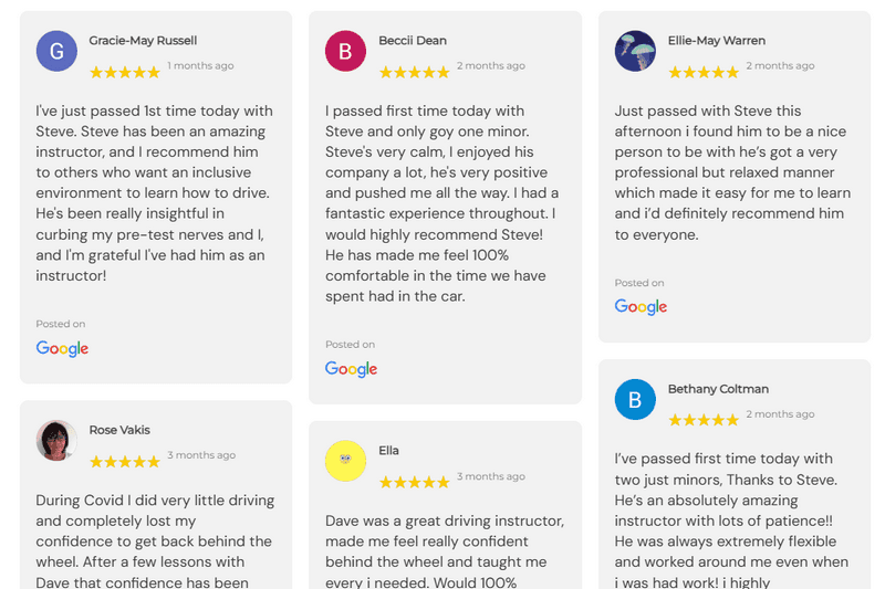 A grid of six 5-star Google reviews displayed on a website