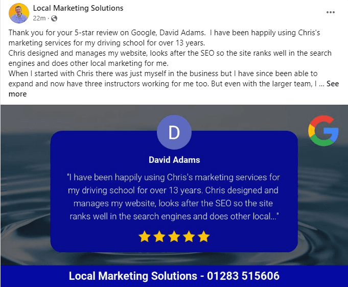 A real Facebook post automatically generated from a 5-star Google review left by David Adams, praising Local Marketing Solutions